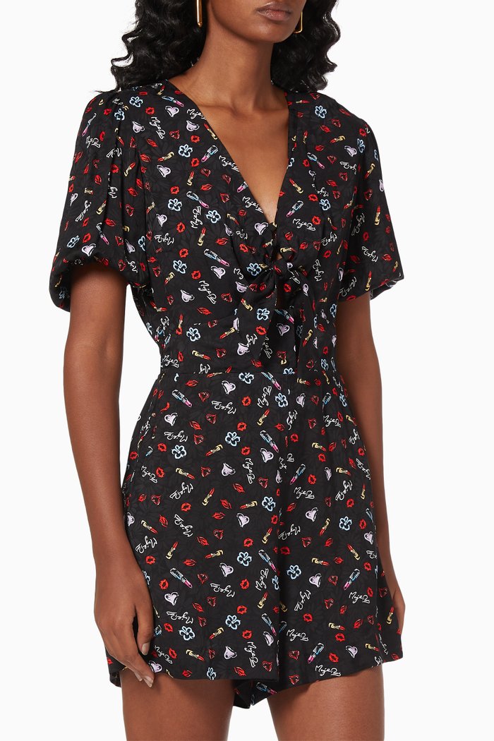 

Printed Jacquard Tie Playsuit in Satin, Black