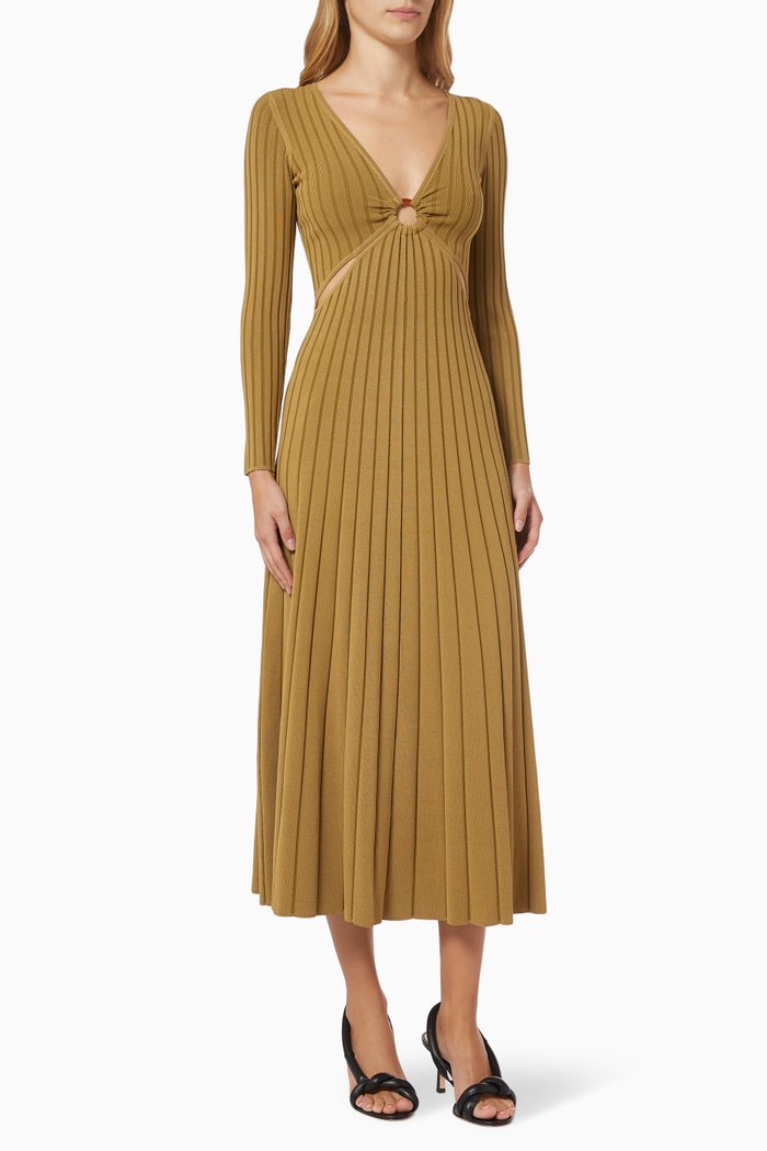 Cut-out Midi Dress in Ribbed Knit, Green