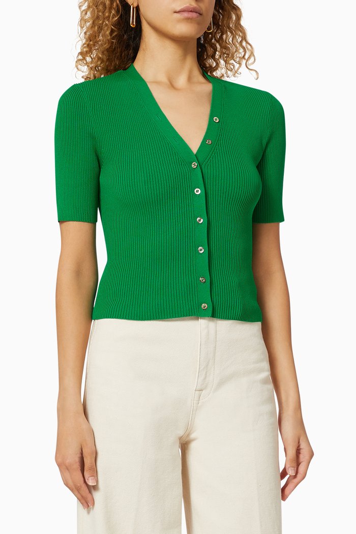 

Fine V-neck Jumper with Small Buttons, Green