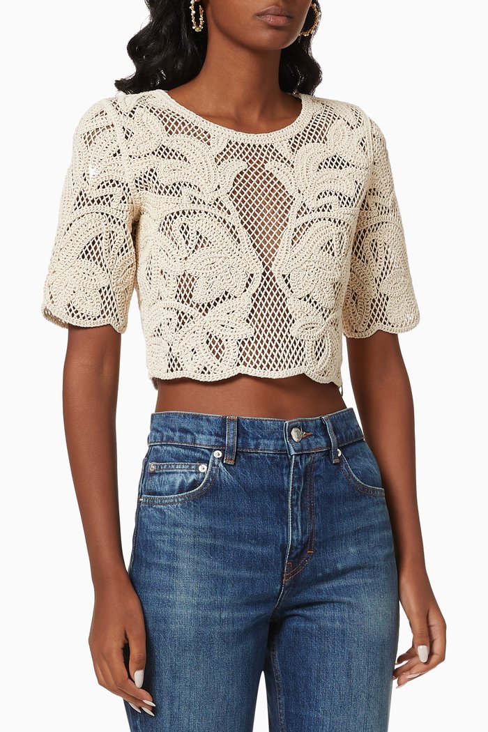 

Macramé-style Cropped Top in Cotton Voile, Neutral