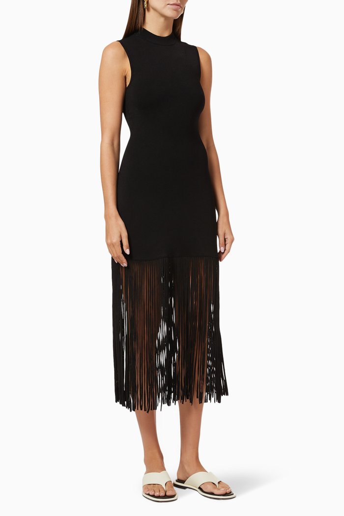 

Fringed Midi Dress in Viscose Knit, Black
