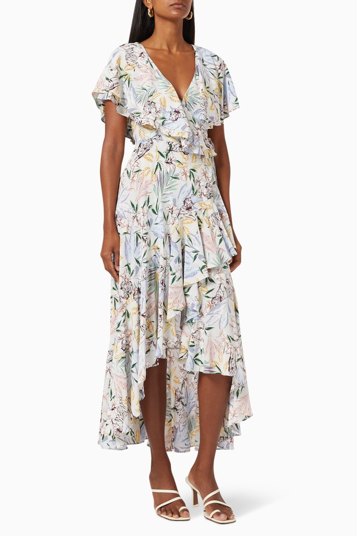 

Asymmetrical Printed Dress in Satin, White