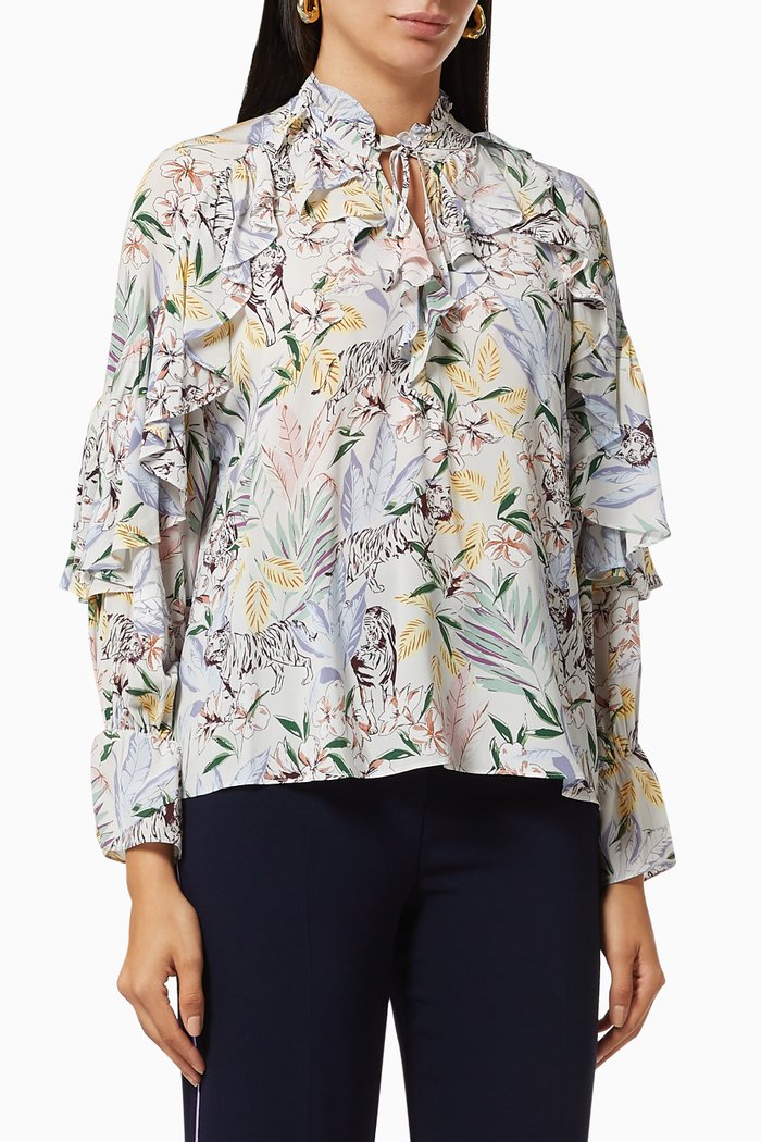 Ruffle Top in Floaty Printed Viscose, White