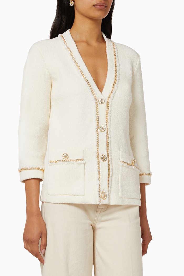 

Tweed-Effect Cardigan with Chains, White