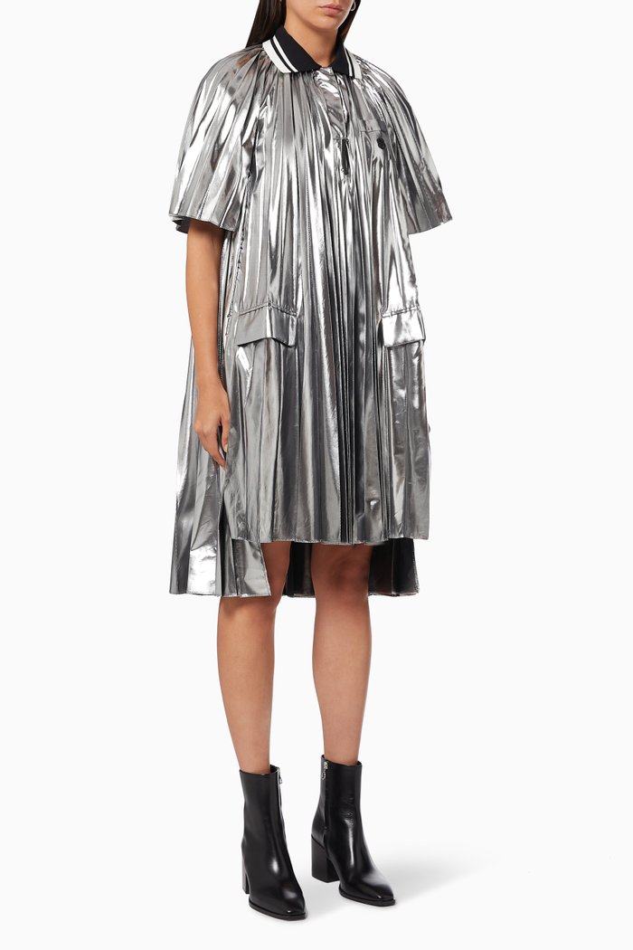 Metallic Dress with Pleats, Silver