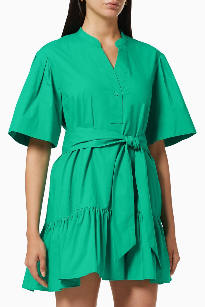 

Gathered Belted Dress in Cotton, Green