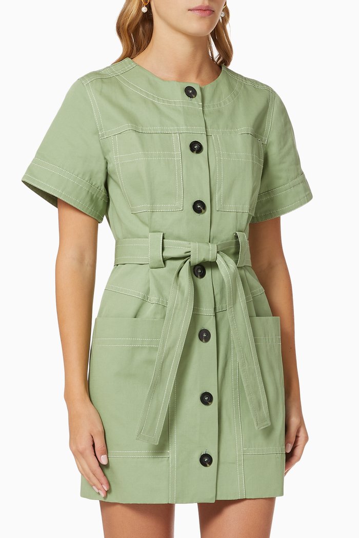 Saharan Belted Dress in Cotton, Green