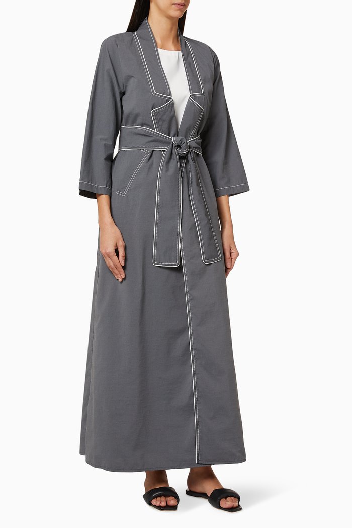 

Lapel Collar Abaya with Two Sided Inner Dress, Grey