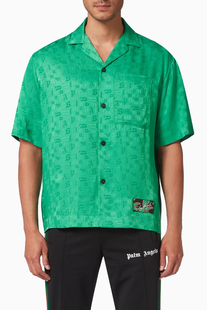Logo Monogram Bowling Shirt in Viscose Blend, Green