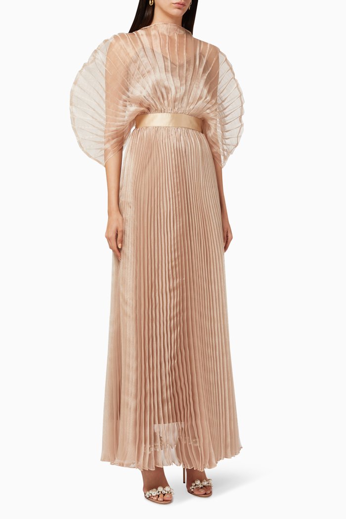 Nina Pleated Fan Dress, Gold