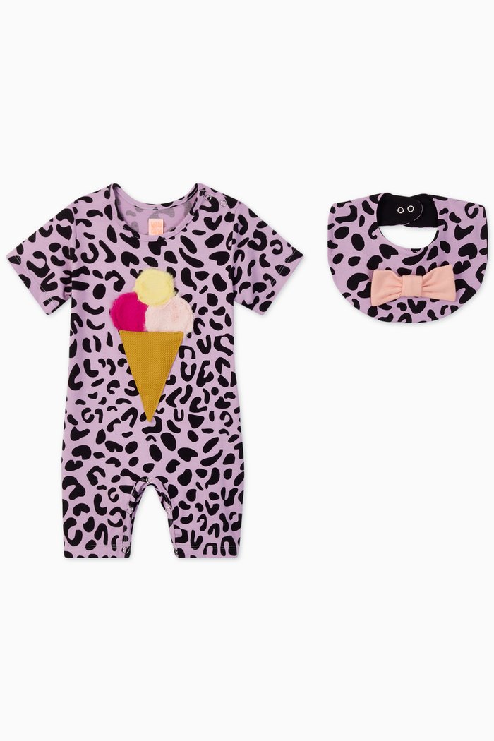 

Summertime Leopard Jersey Romper with Bib, Purple