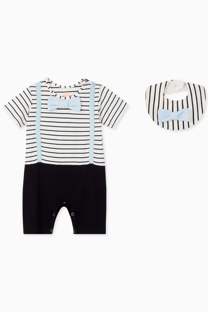 

Orlando Striped Jersey Romper with Bib, Black