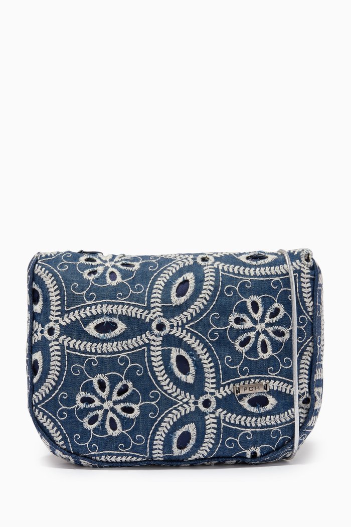 Katrina Embroidered Denim Cross-Body Bag, Blue