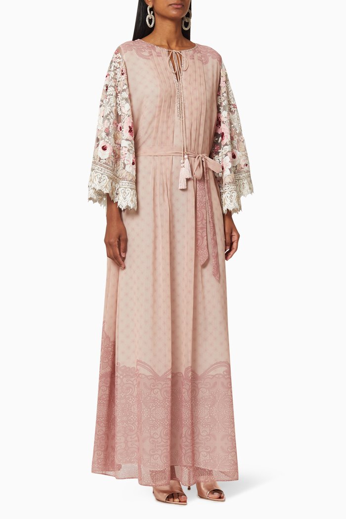 

Fleur Silk Thread Embroidered Floral Estate Kaftan, Neutral