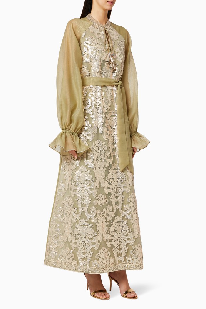 

Quinn Encrusted Gold Applique Kaftan, Green