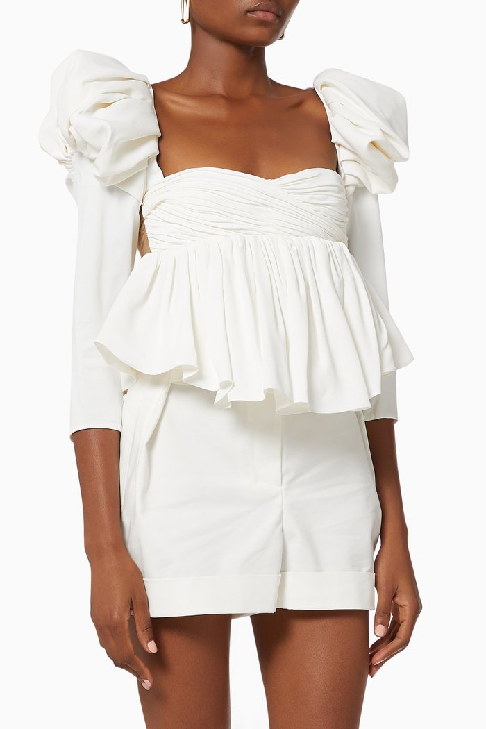 The Kim Peplum Top in Crepe Satin, Neutral