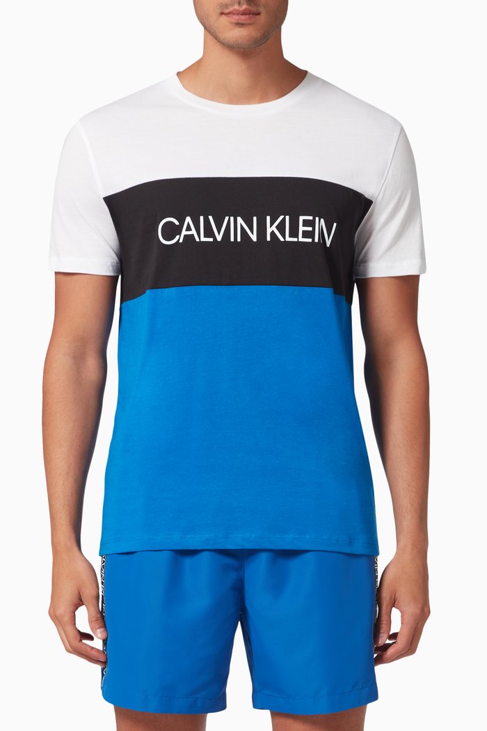 Colour Block Logo T-shirt in Cotton, Blue