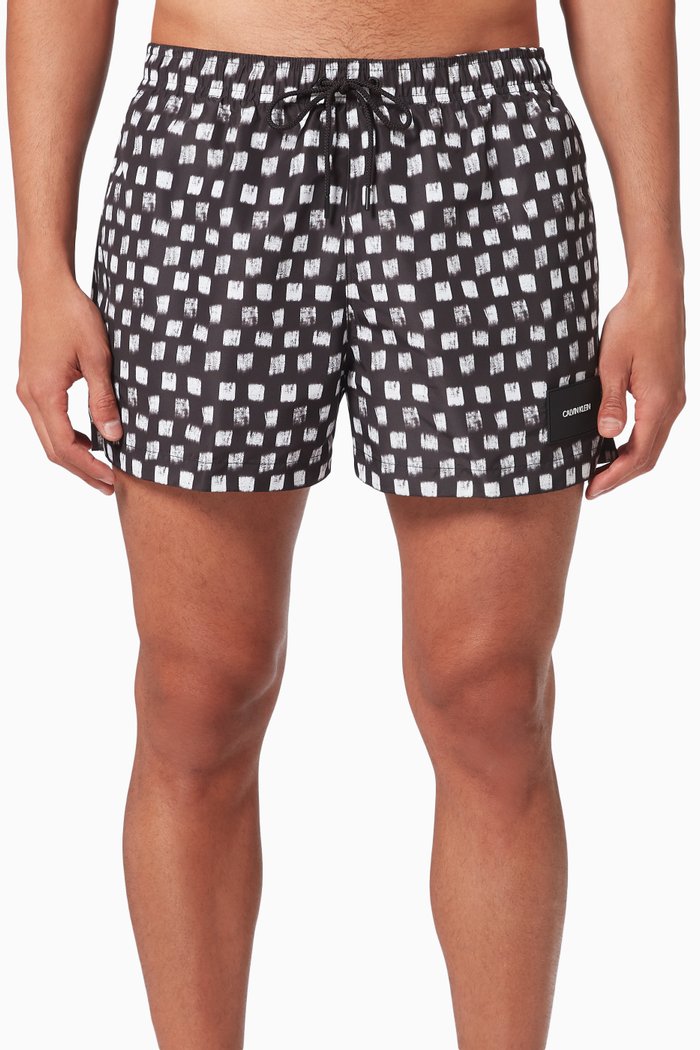 

Short Printed Drawstring Swim Shorts in Recycled Polyester, Black