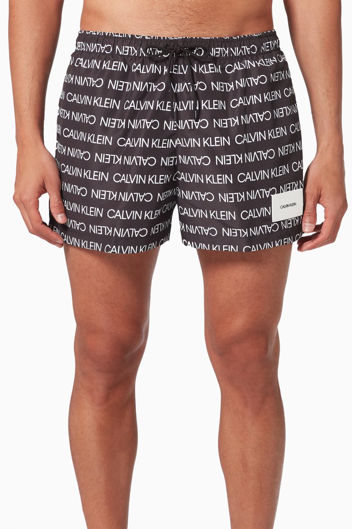 

Short Printed Drawstring Swim Shorts in Recycled Polyester, Black