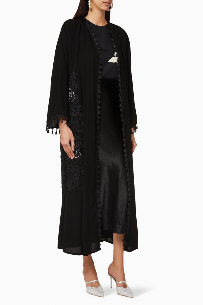 Pearl & Lace Crepe Abaya, Black