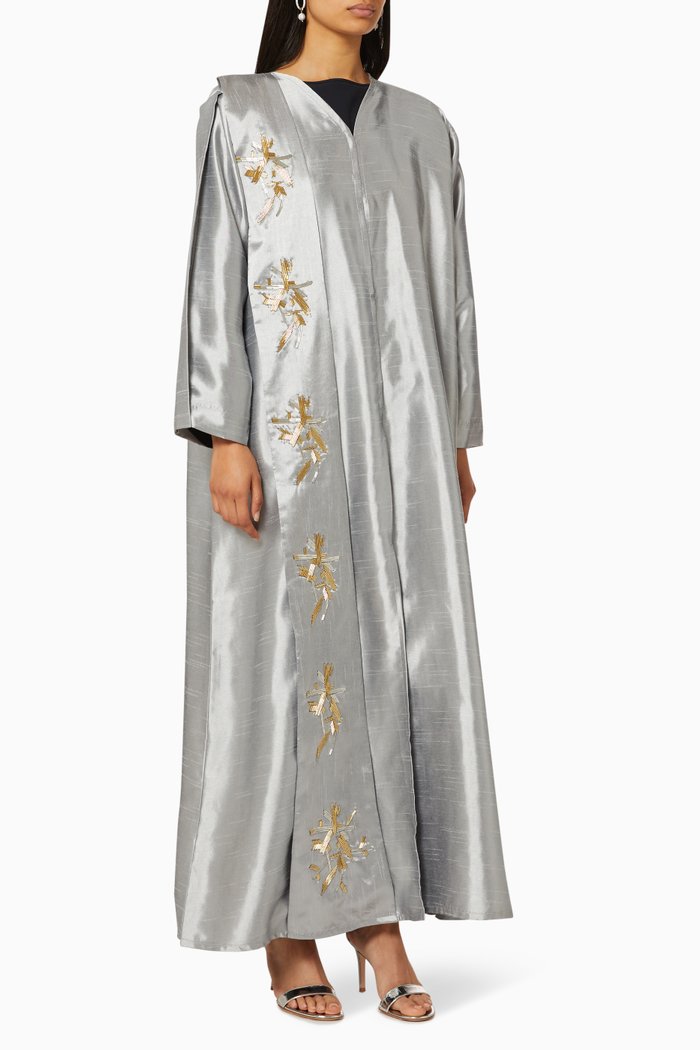 

Geometric Embroidery Tafetta Abaya, Silver