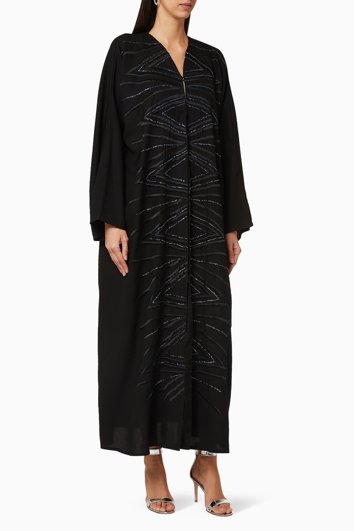 Chevron Embroidered Crepe Abaya, Black