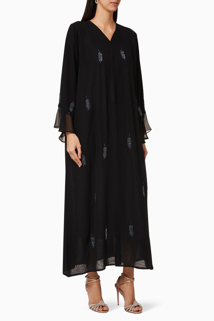 

Leaf Crystal Embellished Georgette Abaya, Black