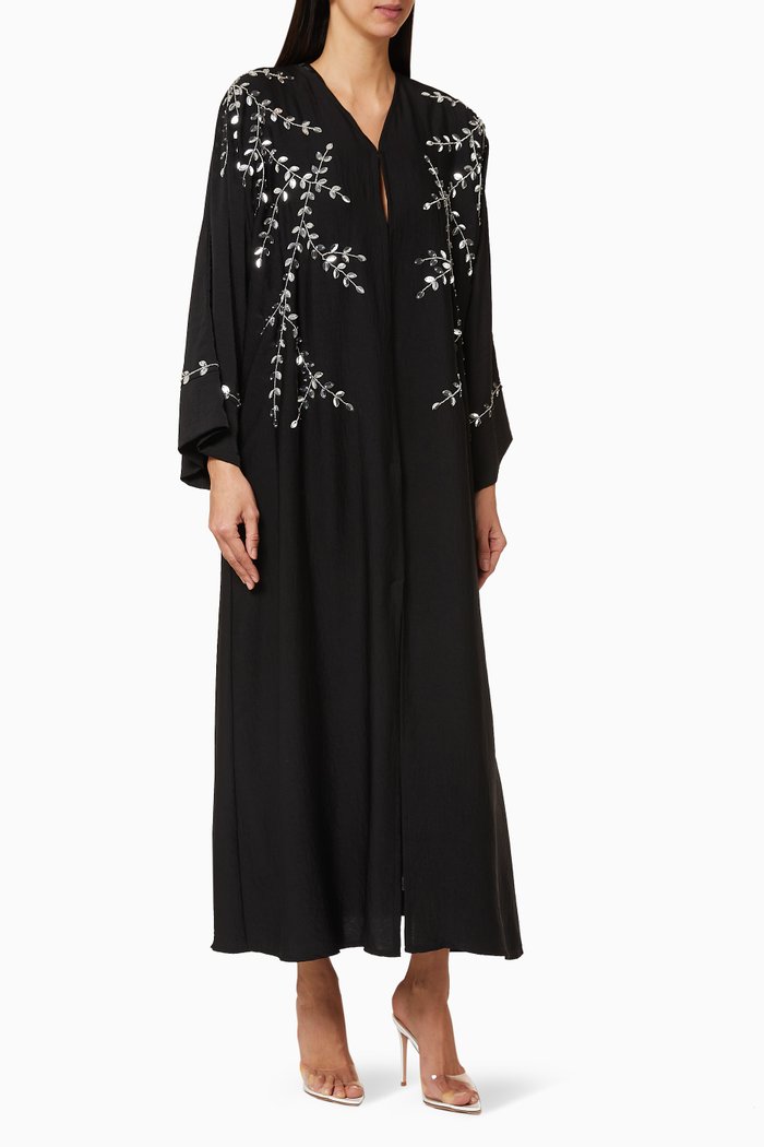 Leaf Sequin Embellished Crepe Abaya, Black