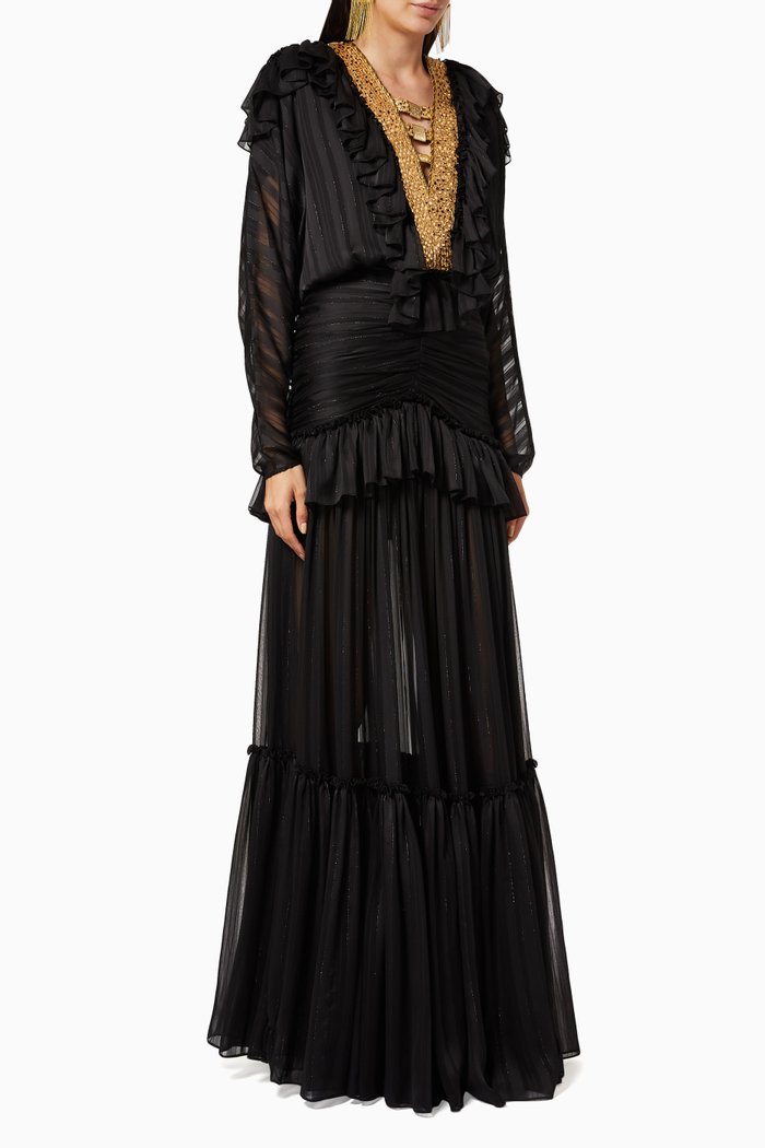 Embellished Ruffle Maxi Dress, Black