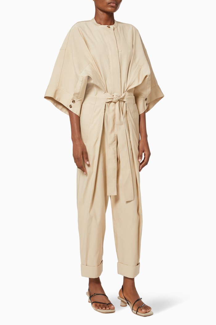 

Smocked Waistband Jumpsuit in Cotton Blend, Neutral