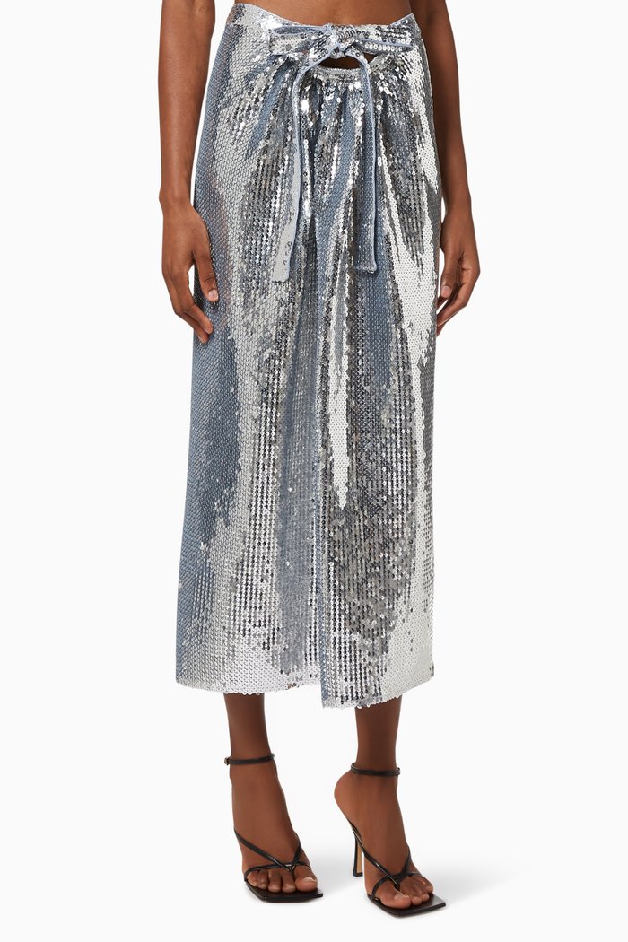 

Waist Tie Midi Skirt in Sequin Jersey, Silver