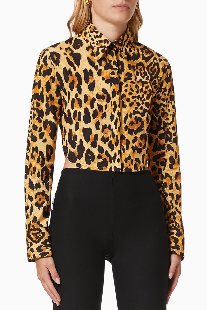 

Crop Shirt in Leopard Print Poplin, Brown
