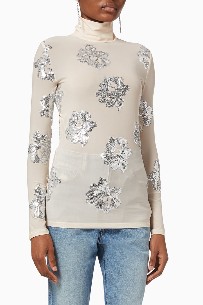 

Turtleneck with Sequin Flowers in Second-skin Jersey, Neutral