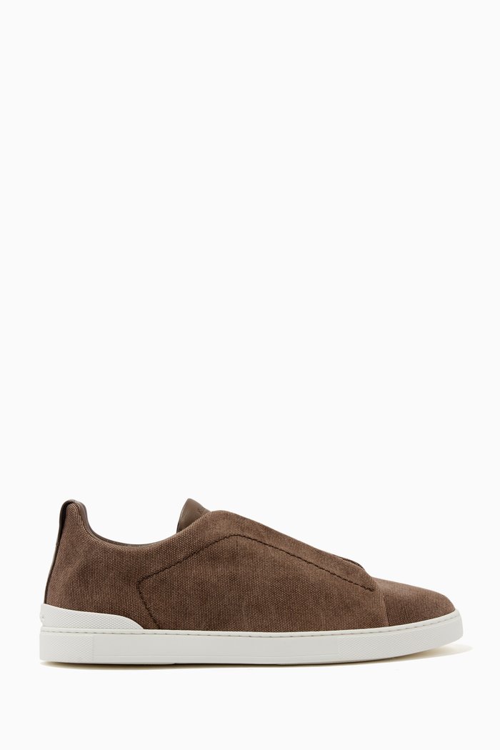 

Triple Stitch Sneakers in Cotton Linen and Calfskin, Brown
