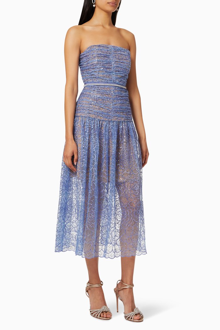 

Embroidered Sequin Strapless Midi Dress, Blue