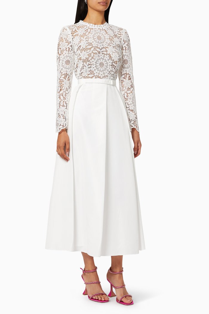 

Guipure Lace and Taffeta Midi Dress, White