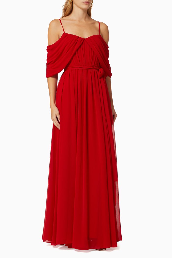 

Draped Pleated Georgette Gown, Red