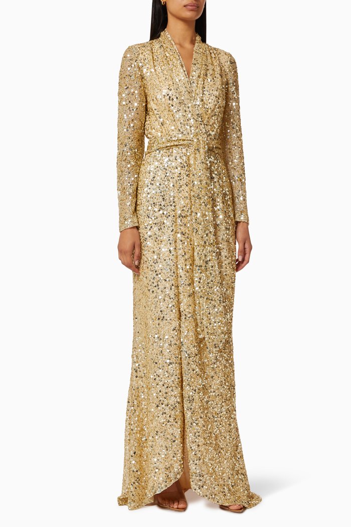 

Wrap-around Sequin Embellished Gown, Gold