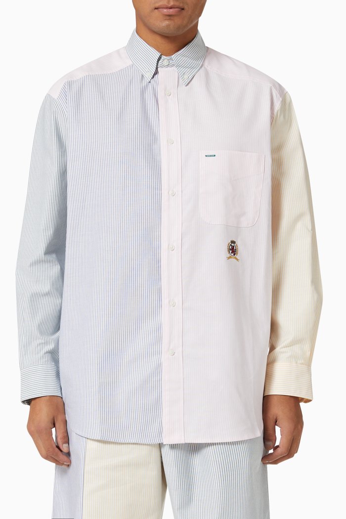 

Mixed Crest Ithaca Stripe Shirt in Cotton Poplin, Multicolour