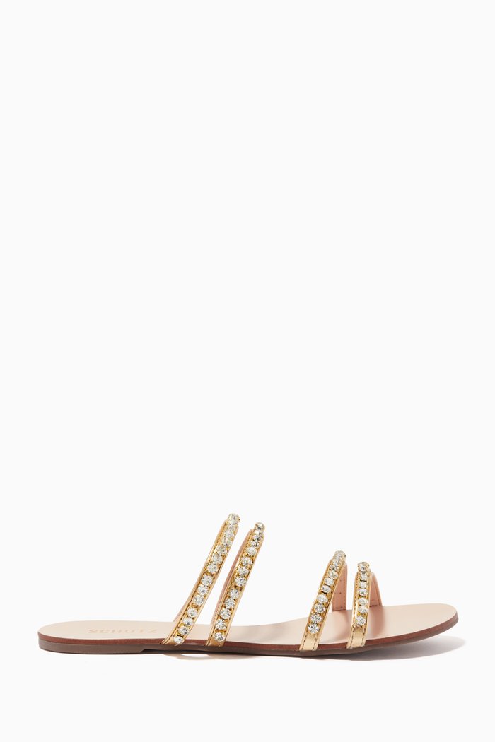 

Multi Strap Slide Sandals in Metallic Leather, Gold