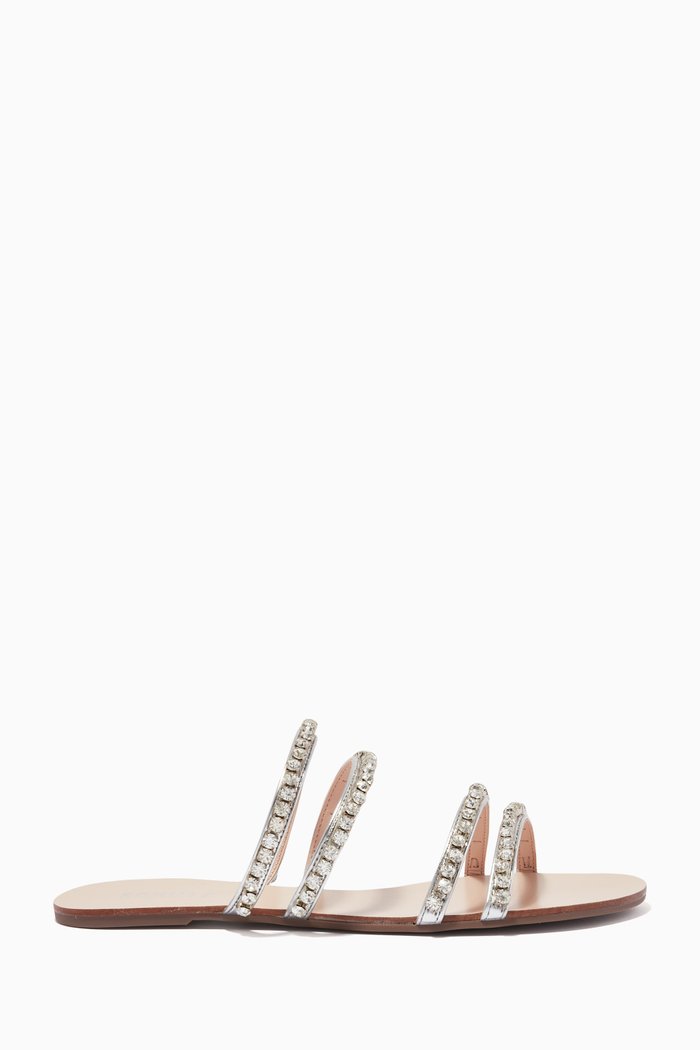 

Multi Strap Slide Sandals in Metallic Leather, Silver