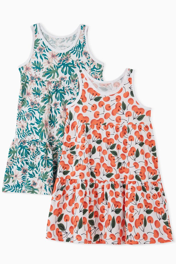 

Cherry Print and Tropical Print Dresses, Set of 2, Multicolour