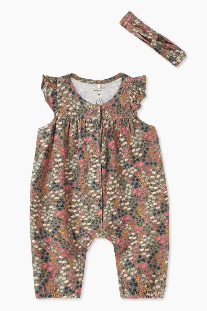 

Floral Print Jersey Romper, Green