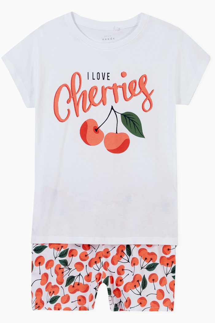 Cherries Print T-shirt & Shorts in Organic Cotton, White