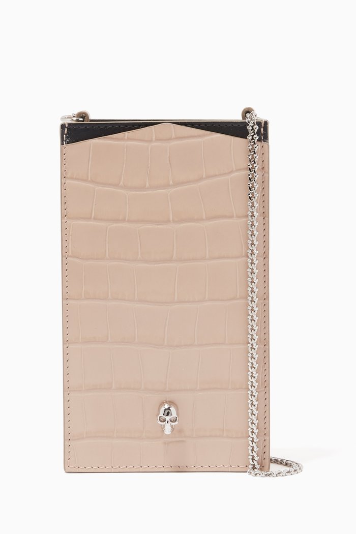 

Skull Phone Case on Chain in Croc-embossed Leather, Brown