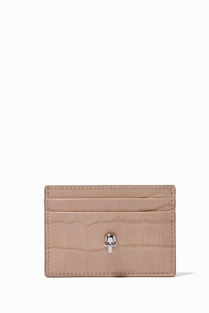 

Skull Card Holder in Croc-embossed Leather, Brown
