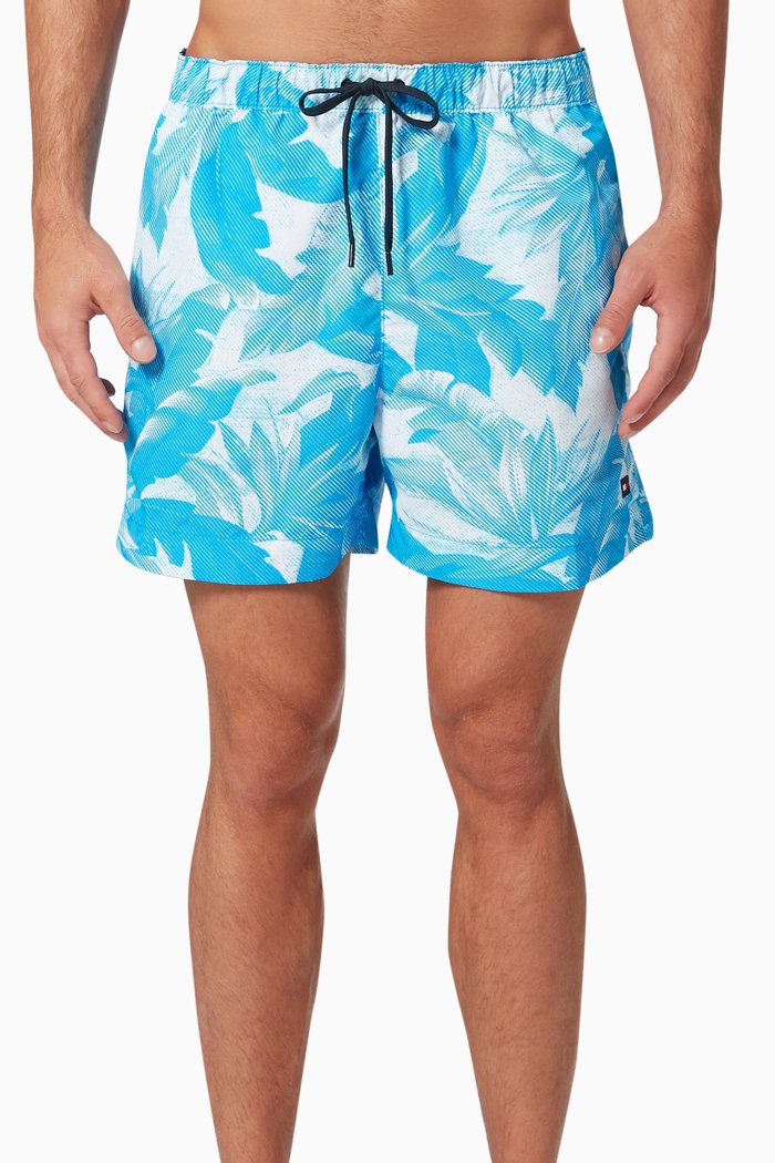 

Tropical Print Mid Length Swim Shorts in Recycled Nylon, Blue