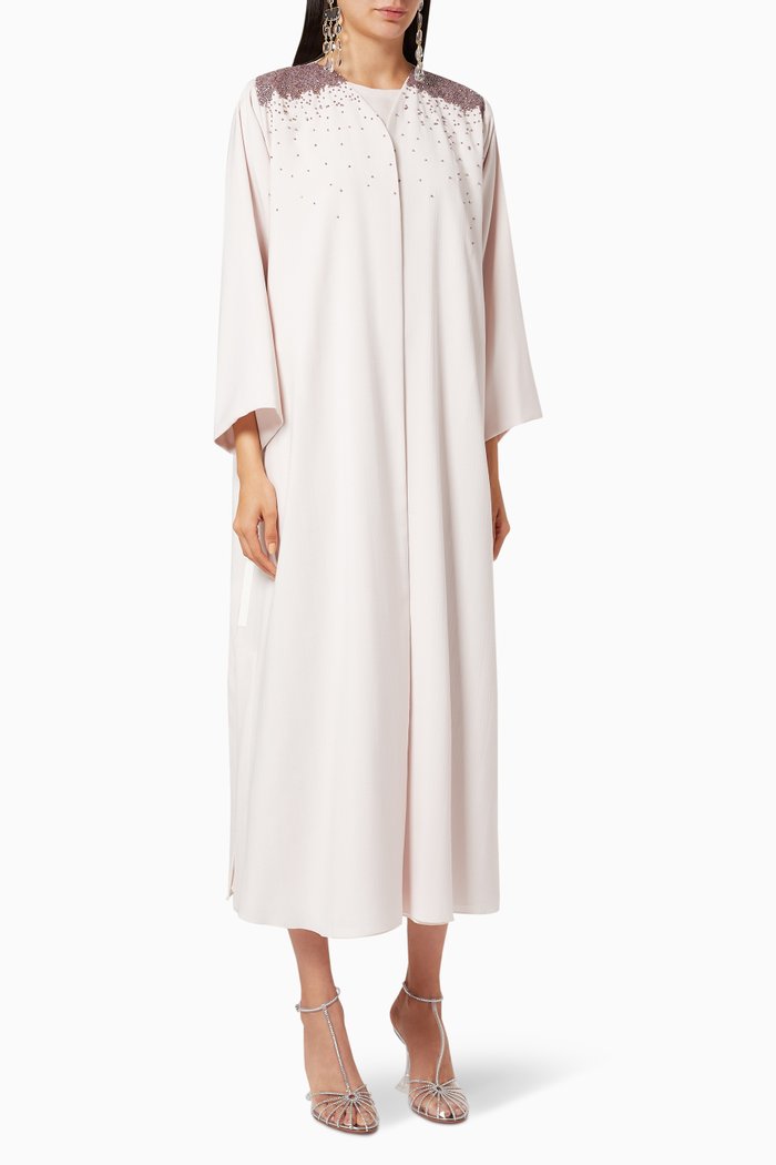 Embroidered Straight Cut Charmeuse Abaya Set, Pink