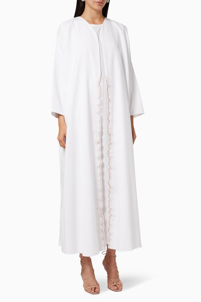 

Embroidered Straight Cut Silk Abaya Set, White
