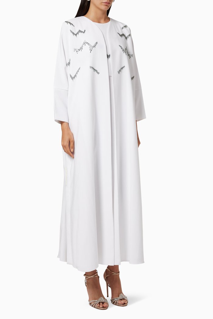 

Embroidered Straight Cut Linen Abaya Set, White